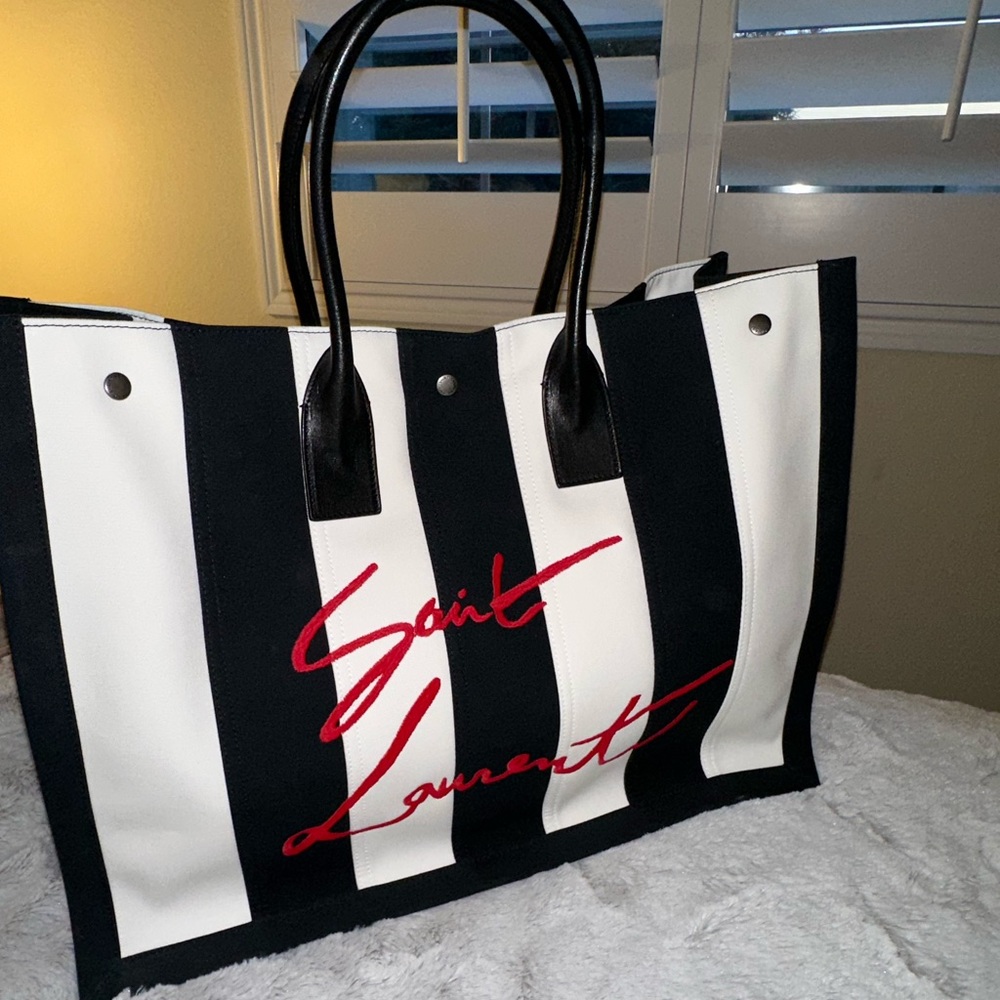 Authentic SAINT LAURENT Canvas Noe Striped Tote Black. Used one time